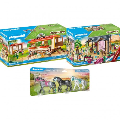 PLAYMOBIL 3er Set: 70510 Ponycamp-Ubernachtungswagen + 70995 Reitunterricht mit Pferdeboxen + 70999 Pferdeset 3x Pferde: Friese Набор из 3 штук: 70510 Пони-лагерь для ночлега + 70995 Уроки верховой езды с конюшнями + 70999 Комплект для лошадей 3 лошади: ф