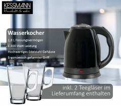 KESSMANN LENTZ KESSMANN LENTZ Wasserkocher Edelstahl 1,8 L mit Abschaltautomatik elektrischer Kettle 2 Teeglaser, 1.8 l, 1800,00 W, Wasseraufbereiter Schnelles aufheizen Wasser heizen kochen Aufwarmen  Чайник KESSMANN LENTZ нержавеющая сталь 1,8 л с автом