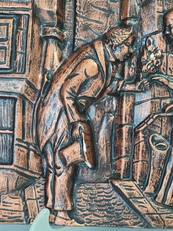 Картина-фреска винтажная с изображением городской жизни, керамика, 31 x 26 см, Германия, 1960-70гг.