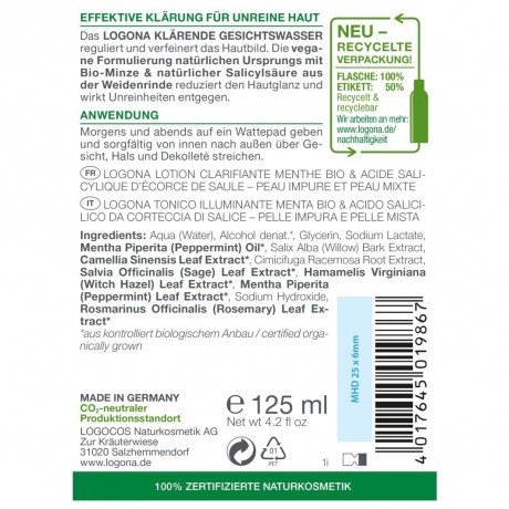 Logona Klarendes Gesichtswasser  Bio-Minze & Salicylsaure aus der Weidenrinde  Осветляющий тоник для лица с органической мятой и салициловой кислотой из коры ивы
