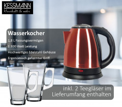 KESSMANN MICHELINO KESSMANN MICHELINO Wasserkocher Edelstahl 1,8 L Abschaltautomatik elektrischer Kettle 2 Teeglaser rot, 1.8 l, 1800,00 W, Wasseraufbereiter Schnelles aufheizen Wasser heizen kochen Aufwarmen Чайник KESSMANN MICHELINO нержавеющая сталь 1