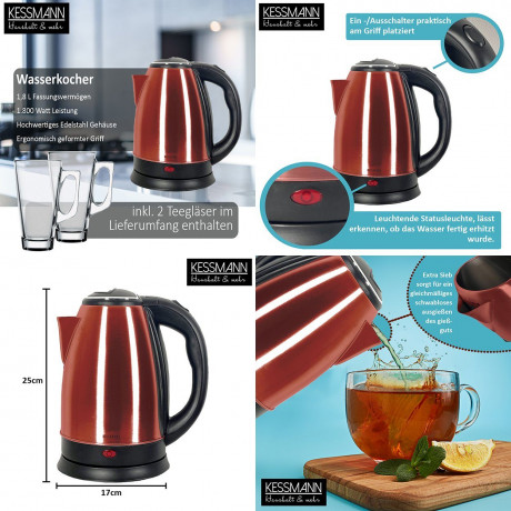 KESSMANN MICHELINO KESSMANN MICHELINO Wasserkocher Edelstahl 1,8 L Abschaltautomatik elektrischer Kettle 2 Teeglaser rot, 1.8 l, 1800,00 W, Wasseraufbereiter Schnelles aufheizen Wasser heizen kochen Aufwarmen  Чайник KESSMANN MICHELINO нержавеющая сталь 1