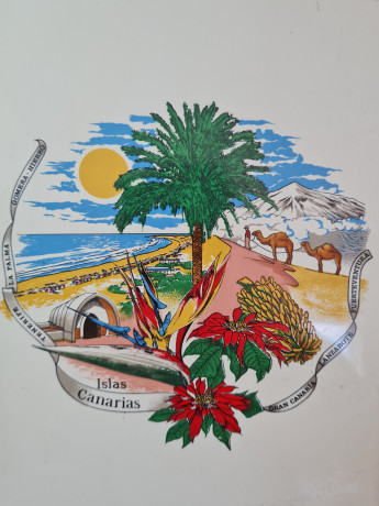 Картина в деревянной раме винтажная, белая керамика с красочным изображением Канарских островов, 21 x 26 см, Испания, 1960-70гг.