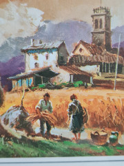 Картина винтажная Martocell &quot;Мужчины в стогах&quot;, в раме, 15 х 12 см, Германия, 1980-90гг.