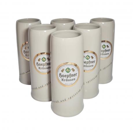 Немецкая пивная кружка винтажная Hoepfner Krausen 1798 с золотистым лого, 6 шт., керамика, 0.5 л, Растал, 20 см, Германия, 1980-90гг.