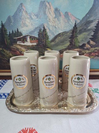 Немецкая пивная кружка винтажная Hoepfner Krausen 1798 с золотистым лого, 6 шт., керамика, 0.5 л, Растал, 20 см, Германия, 1980-90гг.