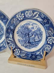 Набор тарелок винтаж Burslem England Woodland, фарфор с пейзажем и растительным декором в синих тонах, 4 шт х 23 x 3,5 см, Англия, 1960-70гг.