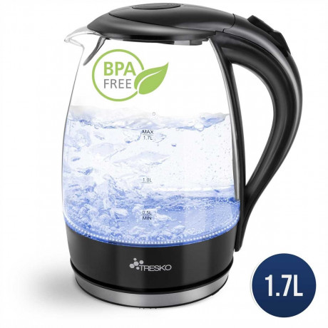 TRESKO TRESKO Wasserkocher 1,7 l 2200 W Glas Wasserkocher LED-Beleuchtung / BPA -frei, 1,7 l, 2200 W, / 360° Edelstahl Sockel / Abschaltautomatik / Filter  Чайник TRESKO 1,7 л, 2200 Вт стеклянный чайник со светодиодной подсветкой / без BPA, 1,7 л, 2200 Вт
