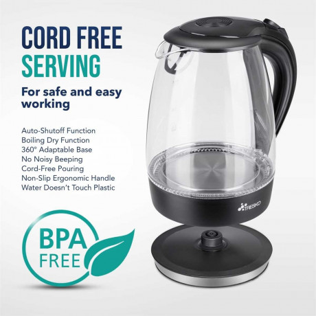 TRESKO TRESKO Wasserkocher 1,7 l 2200 W Glas Wasserkocher LED-Beleuchtung / BPA -frei, 1,7 l, 2200 W, / 360° Edelstahl Sockel / Abschaltautomatik / Filter  Чайник TRESKO 1,7 л, 2200 Вт стеклянный чайник со светодиодной подсветкой / без BPA, 1,7 л, 2200 Вт