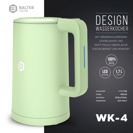 Balter Balter Wasserkocher WK-4-MT, Edelstahl, 1,7 Liter, Doppelwand Design, BPA frei, LED, minze  Чайник Balter WK-4-MT, нержавеющая сталь, 1,7 литра, конструкция с двойными стенками, без BPA, светодиод, мятный