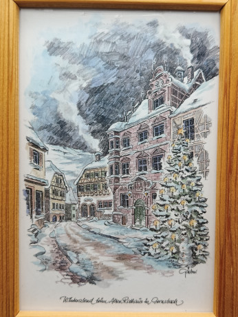 Картина винтажная "Зимний вечер у старой Ратуши в Гернсбахе", в раме, 17 х 12 см, Германия, 1980-90гг.