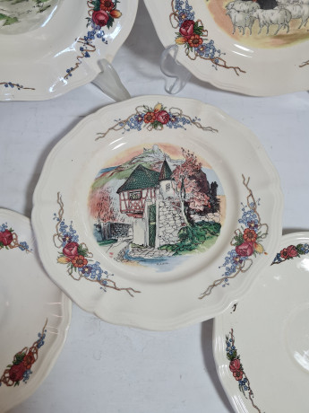 Тарелки декоративные винтажные Sarreguemines France / Obernai, H.Loux с изображениями сельской жизни, керамика, 5 шт., Франция, 1960-70гг.