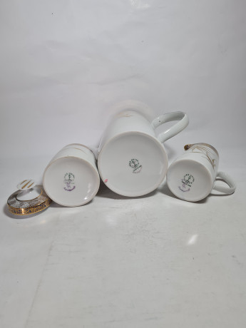 Набор для чая винтажный Lichte с золотым растительным декором, ручная роспись, костяной фарфор, чайник, молочник, сахарница, ГДР, 1970-80гг.