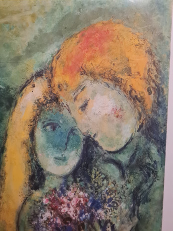 Картина-репродукция винтажная Марк Шагал "Влюбленные в Венеции (1957)", большой формат, в раме, 82.5 х 63 см, Германия, 1980-90гг.