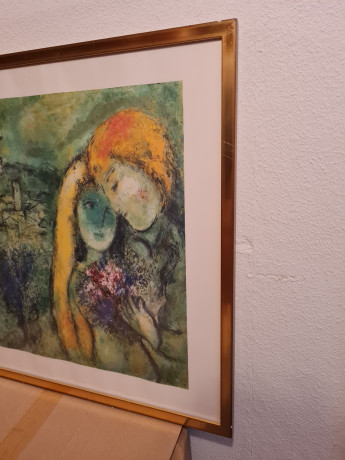 Картина-репродукция винтажная Марк Шагал "Влюбленные в Венеции (1957)", большой формат, в раме, 82.5 х 63 см, Германия, 1980-90гг.