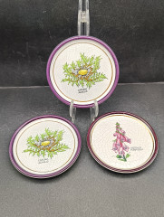 Набор декоративных винтажных тарелок Plantorgan с ботаническом декором &quot;Carlina Acaulis, Digitalis Purperea&quot;, в стиле майолика, 3 шт., кракелюр, фарфор, 11 см, Германия, 1960-70гг.