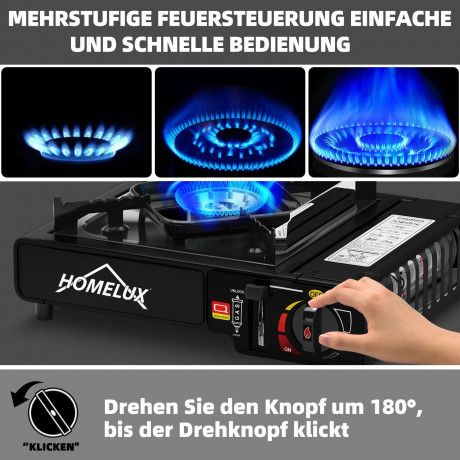 HOMELUX HOMELUX Gaskocher Campingkocher 2,2 KW mit 227g Gaskartuschen Camping Gas Kocher, (8-St), 2,2 KW  Газовая плита HOMELUX походная 2,2 кВт с газовыми баллончиками 227 г походная газовая плита, (8 шт.), 2,2 кВт