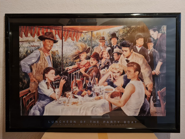Картина-постер винтажная George Bungarda "Вечеринка на яхте", в стиле 60-х, большой формат, в раме, 93.5 х 64 см, Германия, 1980-90гг.