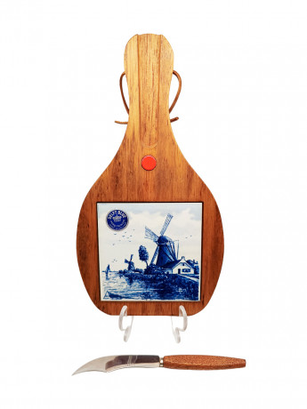 Разделочная доска винтажная Delft Blue (для сыра) "Мельница", с ножом, декор - фарфоровая плитка, ручная роспись, 28.5 х 15.5 см, Голландия, 1960-70гг.
