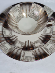 Чайное трио винтажное Bareuther Waldsassen Bavaria в бежево-серых тонах с золотистым орнаментом, фарфор, Германия, 1970-80гг.