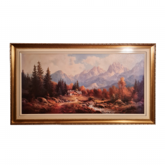 Картина винтажная / репродукция Trelony &quot;Домик в горах&quot;, большой формат, 114 х 65 см, Германия, 1980-90гг.