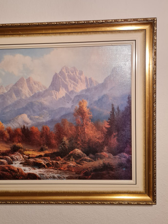 Картина винтажная / репродукция Trelony "Домик в горах", большой формат, 114 х 65 см, Германия, 1980-90гг.