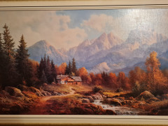 Картина винтажная / репродукция Trelony &quot;Домик в горах&quot;, большой формат, 114 х 65 см, Германия, 1980-90гг.