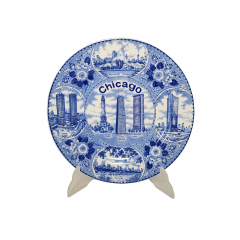 Декоративная тарелка винтажная Fine Staffordshire Ware с изображениями г. Чикаго в бело-синих тонах, 25,5 x 2,5 см, Англия, 1960-70гг.