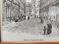 Картина винтажная Firenze "Галерея Уффици" / худ. Dosso, графика, в деревянной раме, 37,5 х 27,5 см, Италия, 1960-70гг.