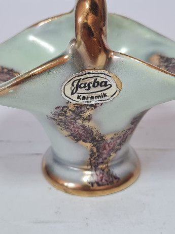 Конфетница винтажная Jasba Keramik, в светло-зеленых тонах, с позолотой, 8 x 12 см, Германия, 1960-70гг.