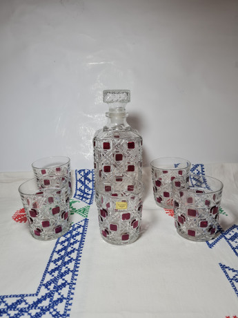 Luminarc Набор для виски: графин с пробкой 10см x 24см и 5 бокалов для виски 8.5см x 9см, Франция, 1970-80гг.