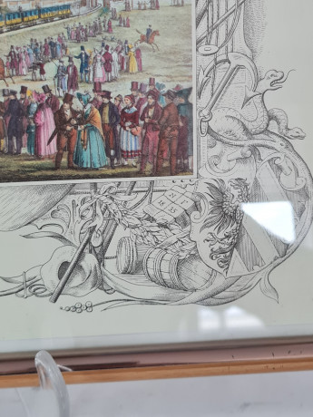 Картина винтажная "Первая железная дорога Германии", Нюрнберг-Фюрт, 7 декабря 1835 г., в деревянной рамке, 31,5 x 26 x 2 см, Германия, 1960-70гг.