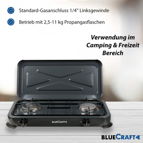 BlueCraft BlueCraft Gaskocher, (Gas-Kochfeld 2 flammen Propangas mit Schlauch Druckminderer Manometer), Campingkocher 2-flammig mit Zundsicherung Gasregler Manometer Газовая плита BlueCraft (газовая плита, 2 пламени, пропан, шланг, редуктор давления, ман