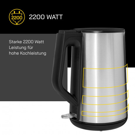 Gutfels Gutfels Wasserkocher WATER 3020, 1.5 l, 2200 W, Doppelwandiges Edelstahl, integrierter Filter, 360° Sockel Чайник Gutfels WATER 3020, 1,5 л, 2200 Вт, нержавеющая сталь с двойными стенками, встроенный фильтр, основание на 360°