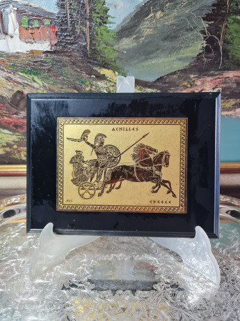 Панно винтажное M.L.S "Ахиллес" в деревянной раме, гравировка на бронзе, ручная работа, 20 х 15 см, Греция, 1960-70гг.