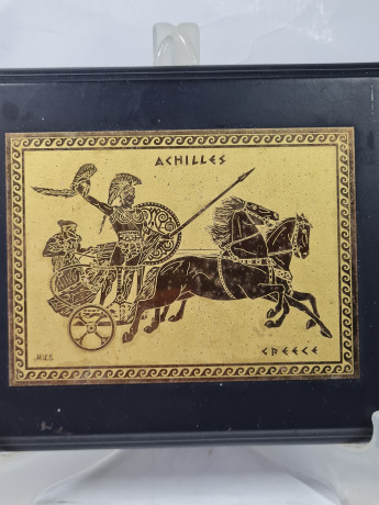 Панно винтажное M.L.S "Ахиллес" в деревянной раме, гравировка на бронзе, ручная работа, 20 х 15 см, Греция, 1960-70гг.
