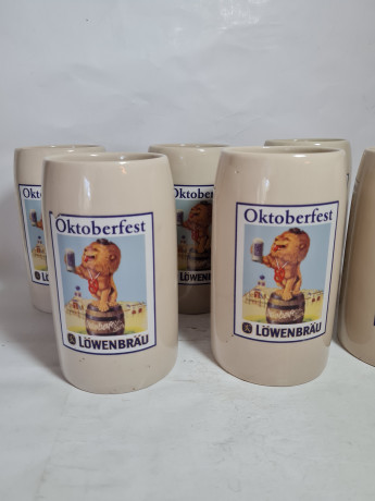 Немецкая пивная кружка винтажная Lowenbrau / Oktoberfest с изображением льва, керамика, 6 шт., 0.5 л, 15 см, Германия, 1970-80гг.