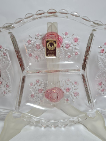 Блюдо винтажное Walther Glas, стекло, с розовыми цветами, 33,5 x 15 x 2 см, Германия, 1960-70гг.