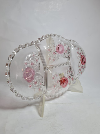 Блюдо винтажное Walther Glas, стекло, с розовыми цветами, 33,5 x 15 x 2 см, Германия, 1960-70гг.