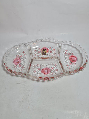 Блюдо винтажное Walther Glas, стекло, с розовыми цветами, 33,5 x 15 x 2 см, Германия, 1960-70гг.