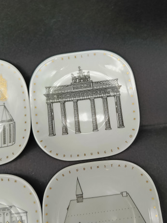 Тарелки декоративные винтажные Gerg. Uhlenhorst "Достопримечательности Германии", сувенирные, 8 шт., фарфор, 15.5 х 10.5 см, Германия, 1980-90гг.
