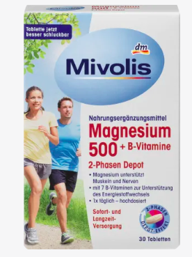 Mivolis  Magnesium 500 + B-Vitamine 2-Phasen Depot, Tabletten 30 St., Магний 500 + витамины группы В 2-фазный депо, 30 таблеток, 45 г