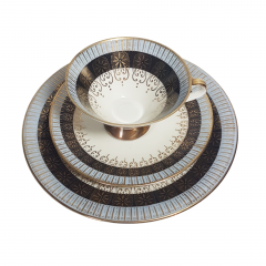 Чайное трио винтажное Edelstein Bavaria, в бело-голубых тонах с золотистым орнаментом, фарфор, Германия, 1960-70гг.