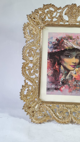 Картина винтажная Litho U.S.A. / Vincent "Портрет дамы", золотистая кружевная рамка, 35 x 31 x 5 см, Германия, 1970-1980гг.