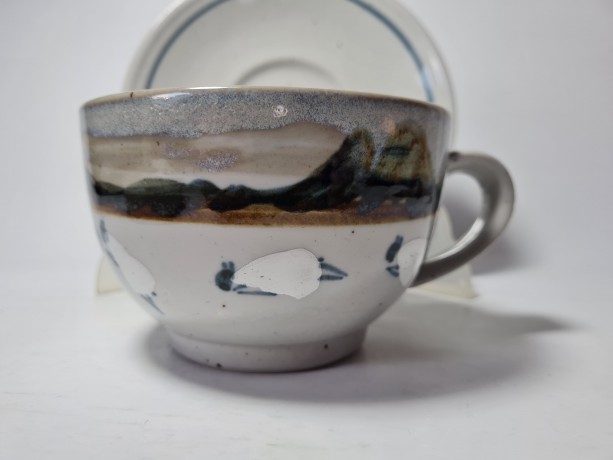 Чайная пара винтажная Mighland Stoneware "Горный пейзаж", ручная роспись, керамика, Шотландия, 1960-70гг.