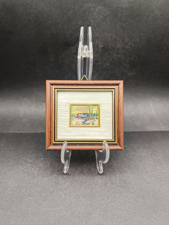 Литография винтажная "Зимний домик у реки", в позолоч.раме, 10 х 9.5 см, Германия, 1970-80гг.