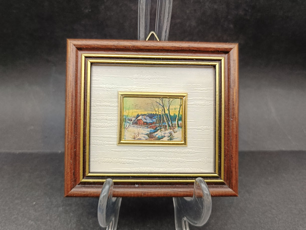 Литография винтажная "Зимний домик у реки", в позолоч.раме, 10 х 9.5 см, Германия, 1970-80гг.