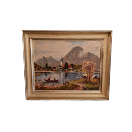Картина винтажная A.Dihlmann "Городок на озере", в деревянной раме, 49,5 x 40 см, Германия, 1960-1970гг.
