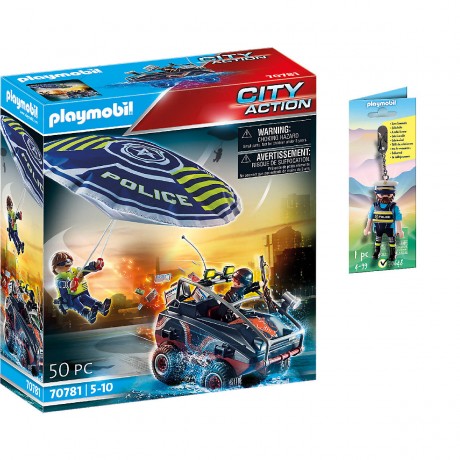 PLAYMOBIL 2er Set: Polizei-Fallschirm: Verfolgung des Amphibien-Fahrzeugs + 70648 Schlusselanhanger Polizist Набор из 2 предметов: полицейский парашют: погоня за амфибией + 70648 брелок для полицейских