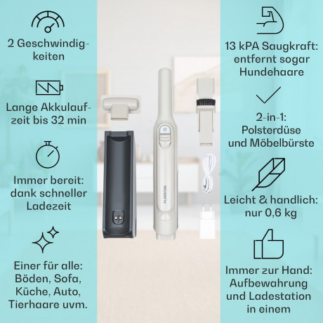 Klarstein Klarstein Akku-Hand-und Stielstaubsauger Larma Handheld Handstaubsauger, 120 W, beutellos Grau Беспроводной ручной и стержневой пылесос Klarstein Ручной пылесос Larma, 120 Вт, без мешка